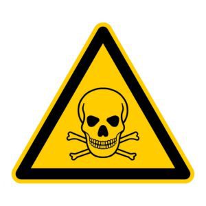 Symbol für Gift. Schwarzer Totenkopf auf gelbem Warnschild